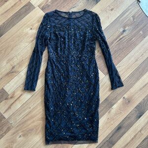 Adrianna Papell navy Sequin Long Sleeve Dress